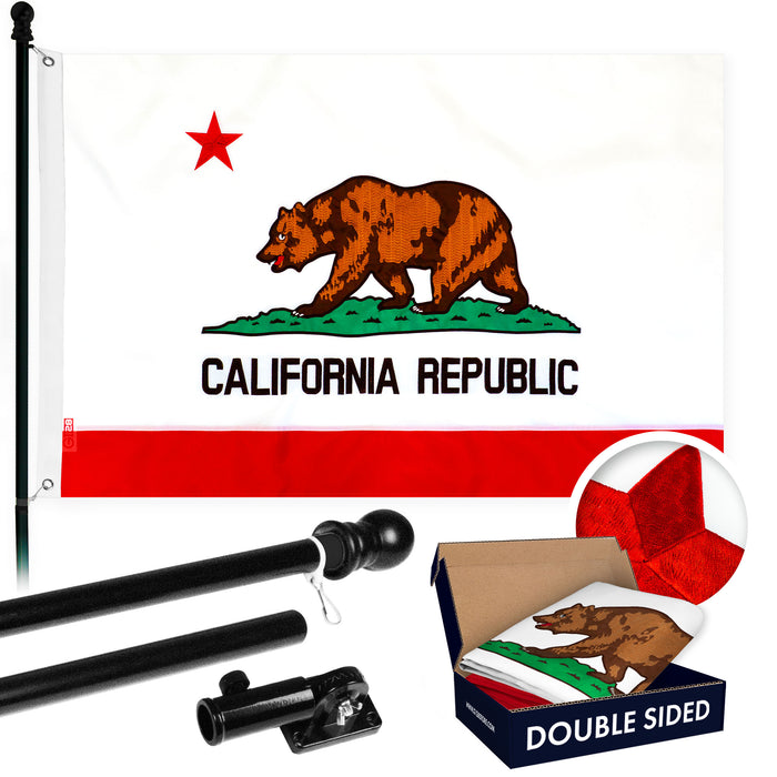 G128 - 6 Feet Tangle Free Spinning Flagpole (Black) California Double Sided Brass Grommets Embroidered 3x5 ft (Flag Included) Aluminum Flag Pole