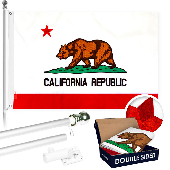 G128 - 6 Feet Tangle Free Spinning Flagpole (Silver) California Double Sided Brass Grommets Embroidered 3x5 ft (Flag Included) Aluminum Flag Pole
