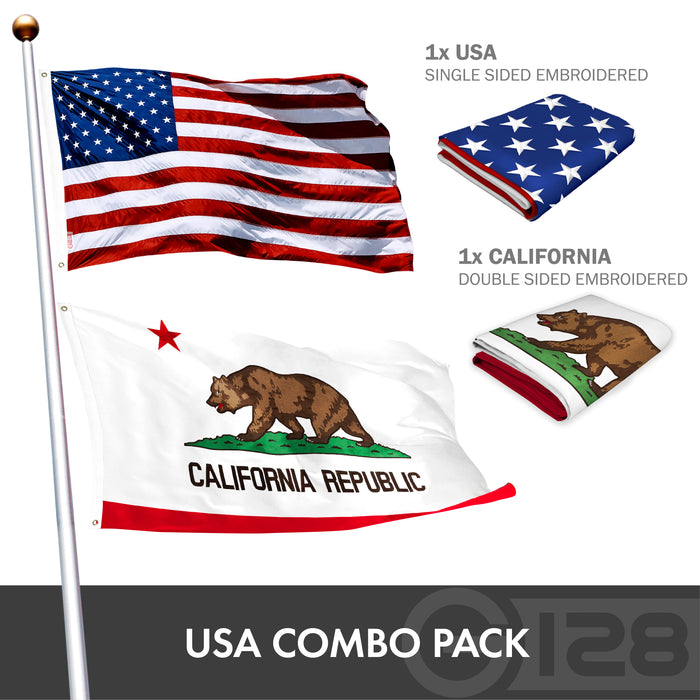 G128 COMBO PACK: American Flag Single Sided 3x5 Ft & California State Flag Double Sided 3x5 Ft, Both Embroidered Polyester