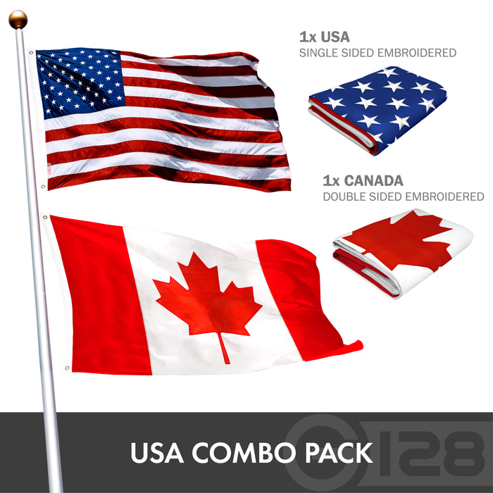 G128 Combo Pack: USA American Flag 3x5 Ft Embroidered Stars & Canada Flag 3x5 Ft Embroidered Double Sided 3ply