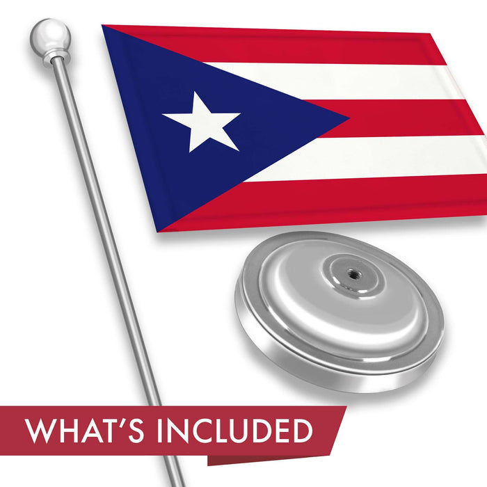 G128 Puerto Rico Puerto Rican Deluxe Desk Flag Set | 8.5x5.5 In | Printed 300D Polyester, with Silver Dome and Base, 15" Metal Pole, Decorations For Office, Home and Festival Events Celebration