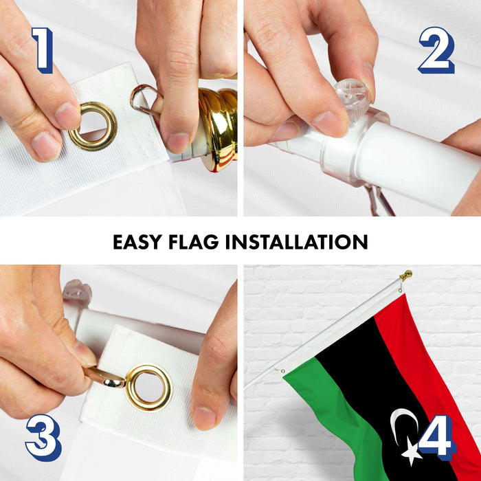 G128 Combo Pack: 6 Ft Twist Free Aluminum Spinning Flagpole (White) & Libya Flag | 3x5 Ft | LiteWeave Pro Series Printed 150D Polyester | Pole with Flag Included