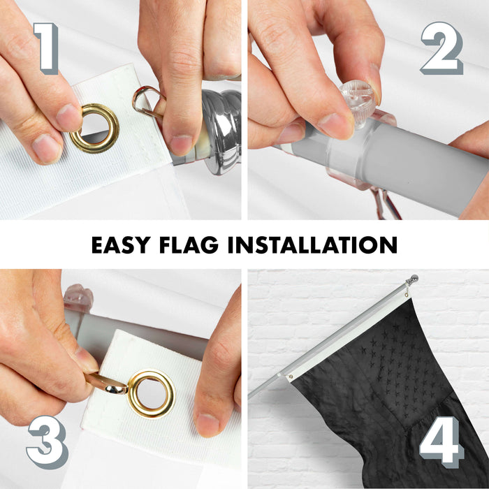 G128 Combo Pack: 5 Ft Tangle Free Aluminum Spinning Flagpole (Silver) & American USA All Black Flag 2x3 Ft, ToughWeave Series Embroidered 300D Polyester | Pole with Flag Included