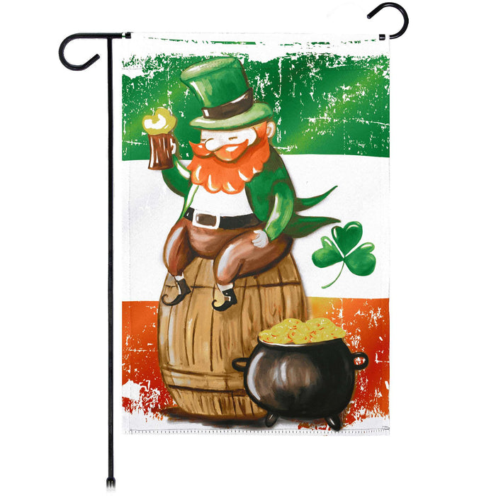 G128 Happy St. Patrick's Day Leprechaun Barrel Gold Garden Flag 12x18 In Double Sided St. Patrick's Day Yard Garden Lawn Decoration