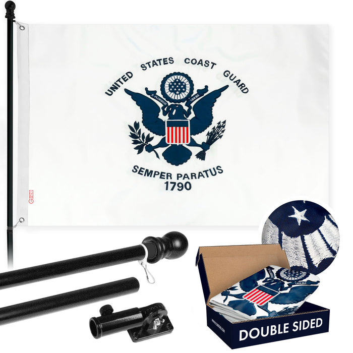 G128 - 6 Feet Tangle Free Spinning Flagpole (Black) US Coast Guard Double Sided Brass Grommets Embroidered 3x5 ft (Flag Included) Aluminum Flag Pole
