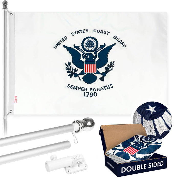 G128 - 6 Feet Tangle Free Spinning Flagpole (Silver) US Coast Guard Double Sided Brass Grommets Embroidered 3x5 ft (Flag Included) Aluminum Flag Pole