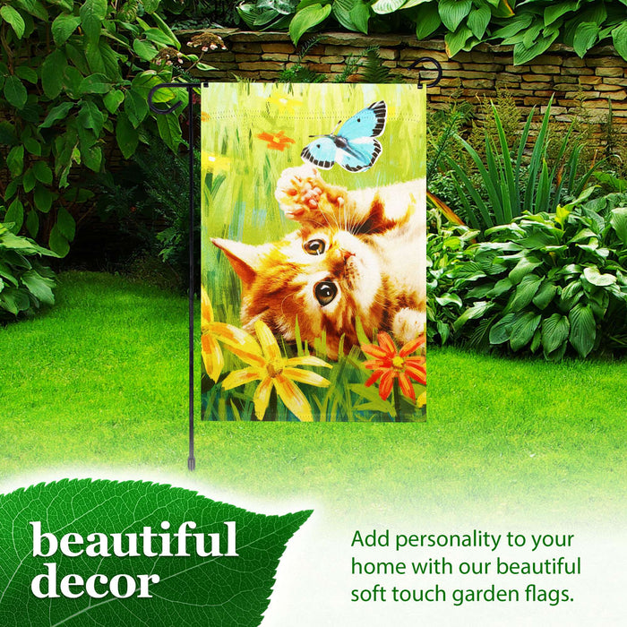 G128 Combo Pack: Garden Flag Stand 36x16IN & Garden Flag Kitten Butterfly Flowers Printed 12x18IN Double Sided