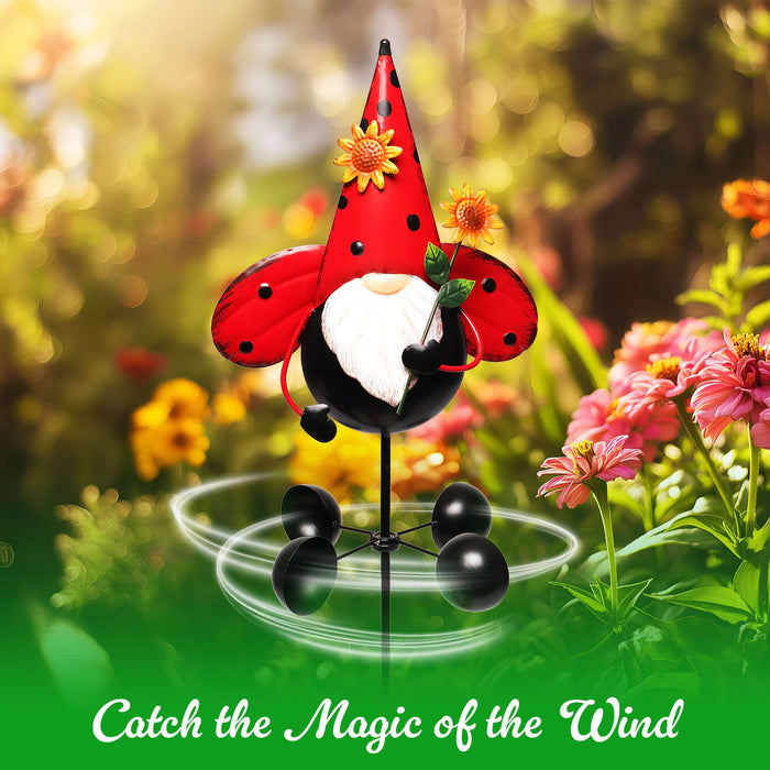 G128 Gnome Labybug Metal Yard Wind Spinner Stake | Outdoor 48 inch Gnome Statue Decorations 360 Degrees Swivel Wind Spinner for Patio Garden Backyard