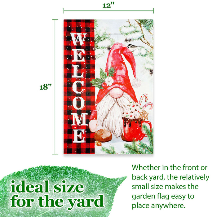G128 Welcome Christmas Gnome Plaid Garden Flag 12x18 In Double Sided Christmas Yard Garden Lawn Decoration