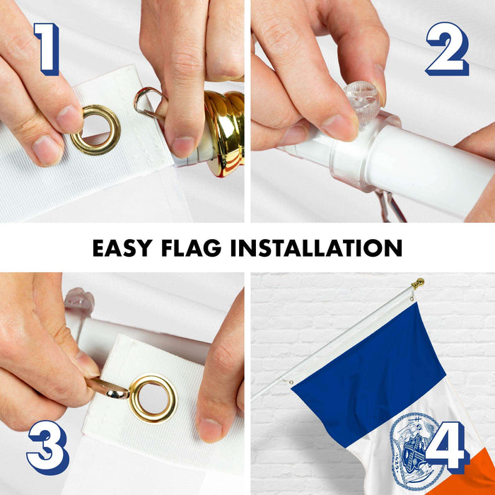 G128 Combo Pack: 6 Ft Twist Free Aluminum Spinning Flagpole (White) & New York Flag | 3x5 Ft | LiteWeave Pro Series Printed 150D Polyester | Pole with Flag Included