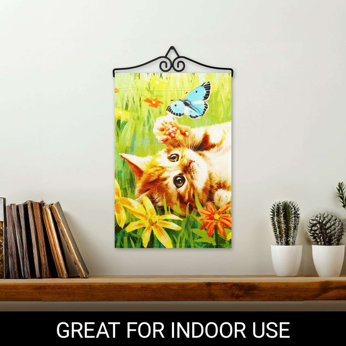 G128 Combo Pack Garden Flag Hanger 14IN & Garden Flag Kitten Butterfly Flowers Printed 12x18IN Double Sided