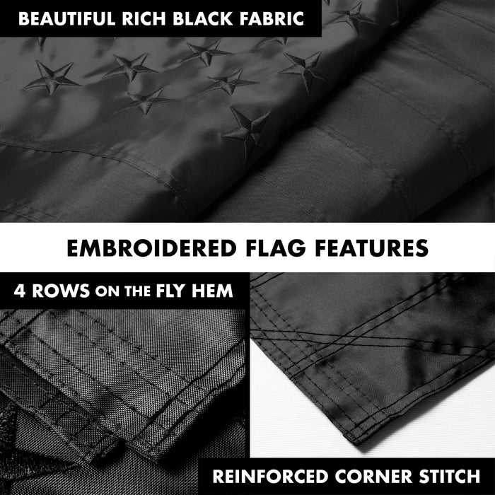 G128 Combo Pack: 5 Ft Tangle Free Aluminum Spinning Flagpole (Silver) & American USA All Black Flag 2x3 Ft, ToughWeave Series Embroidered 300D Polyester | Pole with Flag Included