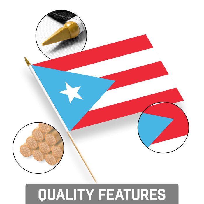 G128 Puerto Rico Light Blue Handheld Stick Flag 8"x12" (10 Pack) | Printed 150D Polyester, Solid Plastic Stick, Spear White Tip