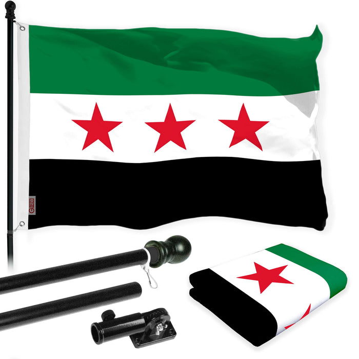 G128 Combo Pack: 6 Ft Tangle Free Aluminum Spinning Flagpole (Black) & Republic of Syria Flag 3x5 Ft, LiteWeave Pro Series Printed 150D Polyester | Pole with Flag Included