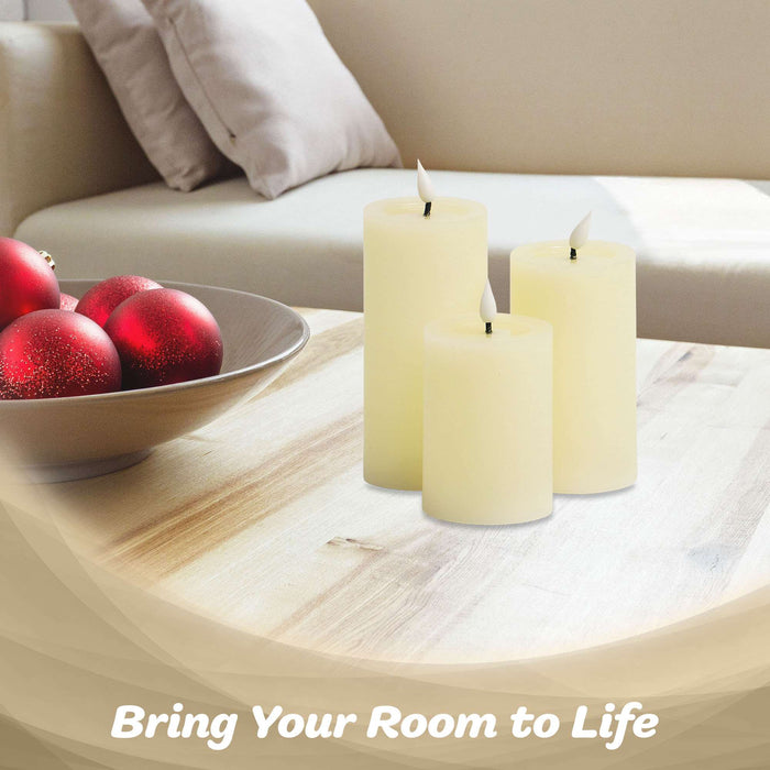 G128 set of three white flameless LED pillar candles in 6, 5, and 4 inch heights