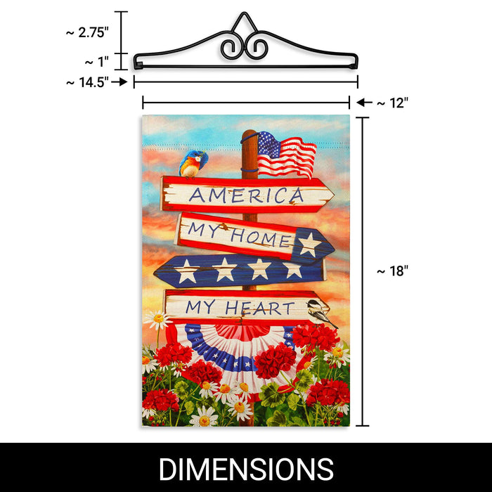 G128 Combo Pack Garden Flag Hanger 14IN & Garden Flag America My Home My Heart Printed 12x18IN Double Sided
