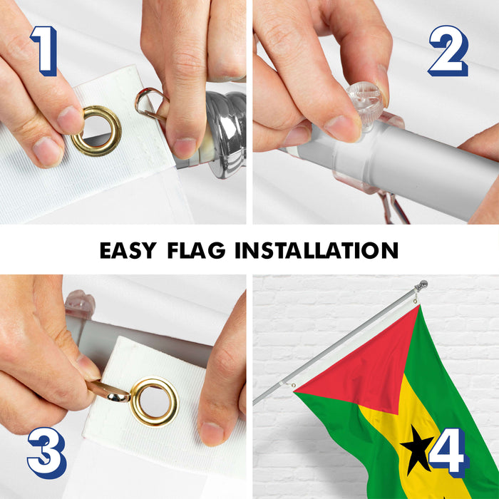 G128 Combo Pack: 6 Ft Twist Free Aluminum Spinning Flagpole (Silver) & Sao Tome and Principe Flag | 3x5 Ft | LiteWeave Pro Series Printed 150D Polyester | Pole with Flag Included
