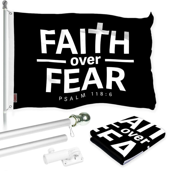 G128 Combo Pack: 6 Ft Tangle Free Aluminum Spinning Flagpole (Silver) & Faith over Fear Flag 3x5 Ft, LiteWeave Pro Series Printed 150D Polyester | Pole with Flag Included