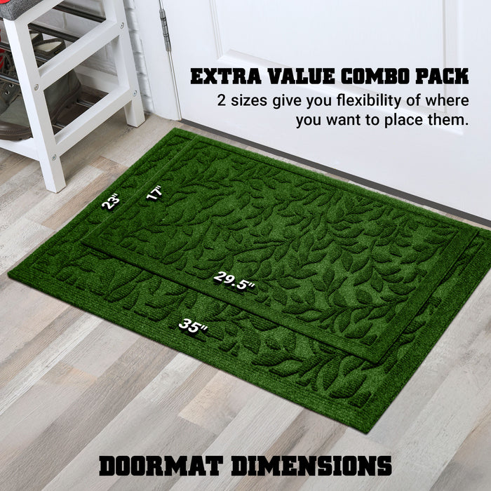 G128 Combo Pack: Home Entrance Green Leaves Door Mats | 17x29.5 in & 23x35 in | Absorbent Natural Rubber Non Slip, Indoor/Outdoor, Easy Clean, Beautiful Welcome Mats for Front Door/Patio/Garage