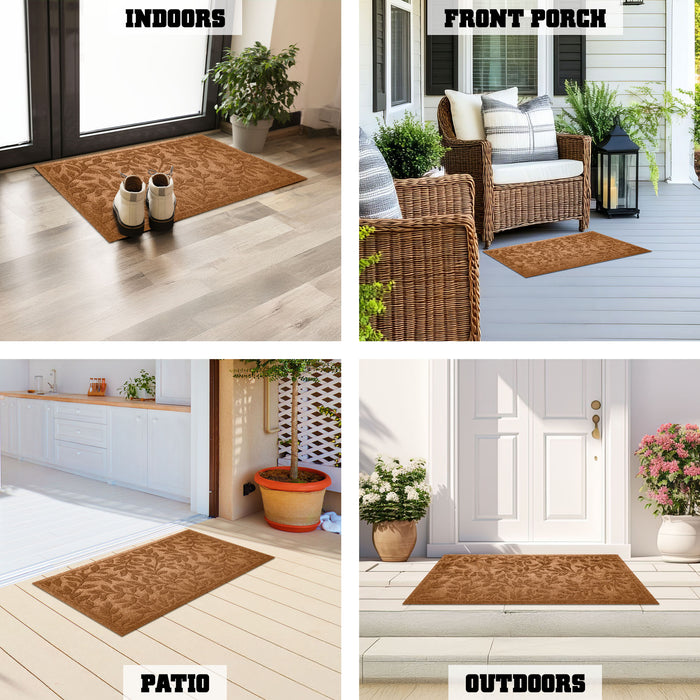 G128 Front Door Mat 29.5x17 Inch, Sturdy Door Mats for Home Entrance Outdoor Indoor, Non-Slip Rubber Backing Low Profile Mat, All Season Easy Clean Welcome Entryway Rug, Brown Leaves
