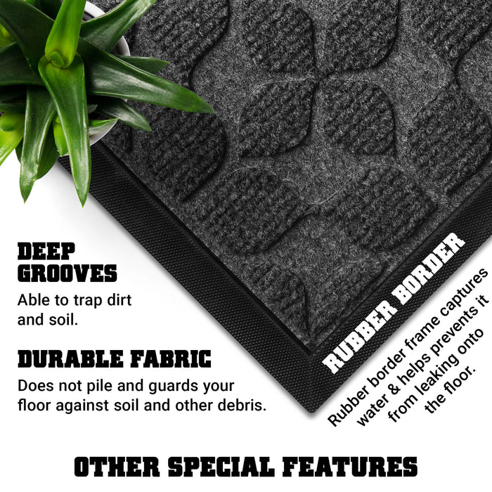G128 Home Entrance Grey Geometric Floral Pattern Door Mat | 17x29.5 In | Thick Absorbent Natural Rubber Non Slip, Indoor/Outdoor, Easy Clean, Welcome Mats for Front Door/Patio/Garage
