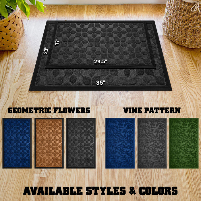 G128 Home Entrance Grey Geometric Floral Pattern Door Mat | 23x35 In | Thick Absorbent Natural Rubber Non Slip, Indoor/Outdoor, Easy Clean, Welcome Mats for Front Door/Patio/Garage