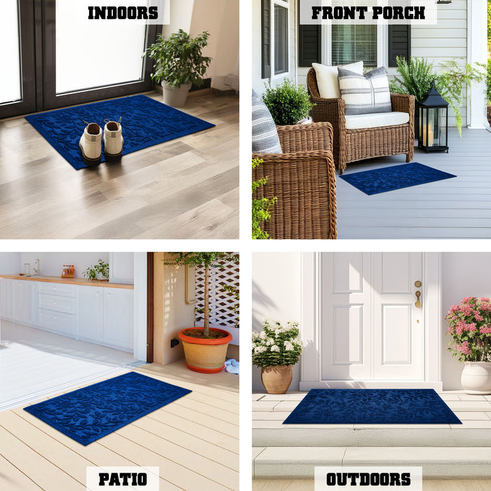 G128 Home Entrance Blue Leaves Door Mat | 23x35 In | Thick Absorbent Natural Rubber Non Slip, Indoor/Outdoor, Easy Clean, Welcome Mats for Front Door/Patio/Garage