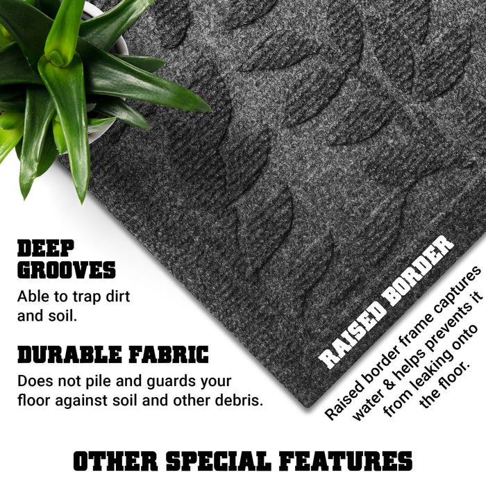 G128 Home Entrance Grey Leaves Door Mat | 23x35 In | Thick Absorbent Natural Rubber Non Slip, Indoor/Outdoor, Easy Clean, Welcome Mats for Front Door/Patio/Garage