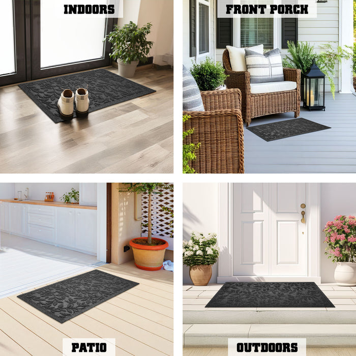 G128 Home Entrance Grey Leaves Door Mat | 23x35 In | Thick Absorbent Natural Rubber Non Slip, Indoor/Outdoor, Easy Clean, Welcome Mats for Front Door/Patio/Garage