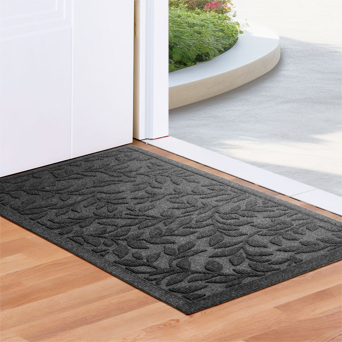 G128 Home Entrance Grey Leaves Door Mat | 23x35 In | Thick Absorbent Natural Rubber Non Slip, Indoor/Outdoor, Easy Clean, Welcome Mats for Front Door/Patio/Garage