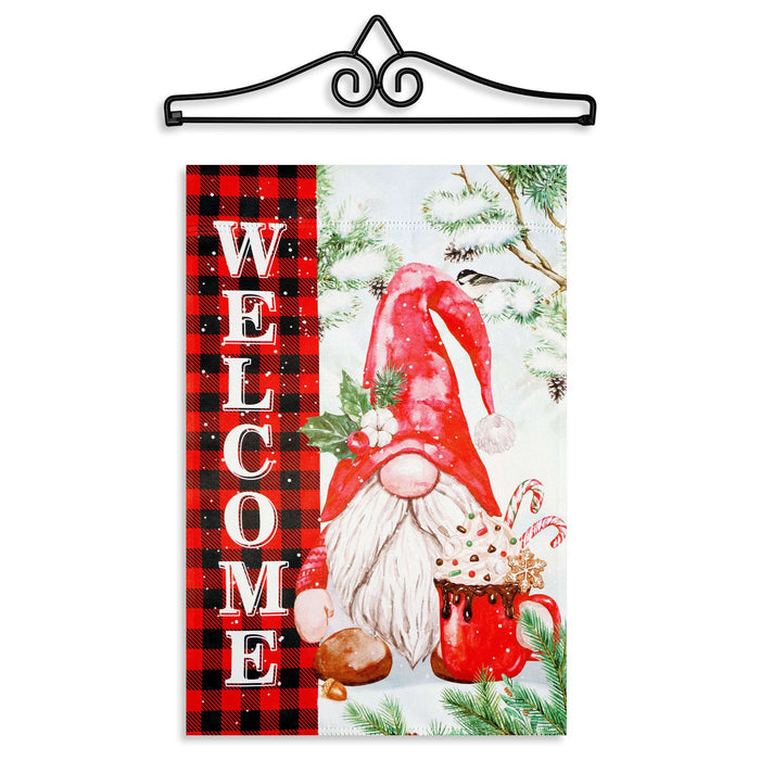G128 12x18IN Welcome Christmas Gnome Plaid Garden Flag with 14IN Hanger