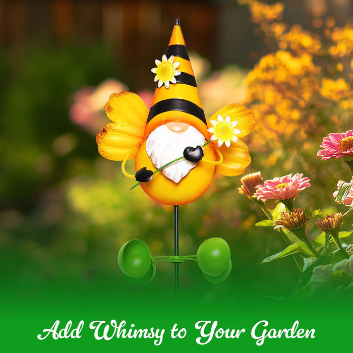 G128 Gnome Bee Metal Yard Wind Spinner Stake | Outdoor 48 inch Gnome Statue Decorations 360 Degrees Swivel Wind Spinner for Patio Garden Backyard