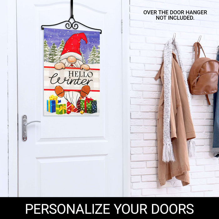 G128 Combo Pack Garden Flag Hanger 14IN & Garden Flag Hello Winter Gnome Gifts Printed 12x18IN Double Sided