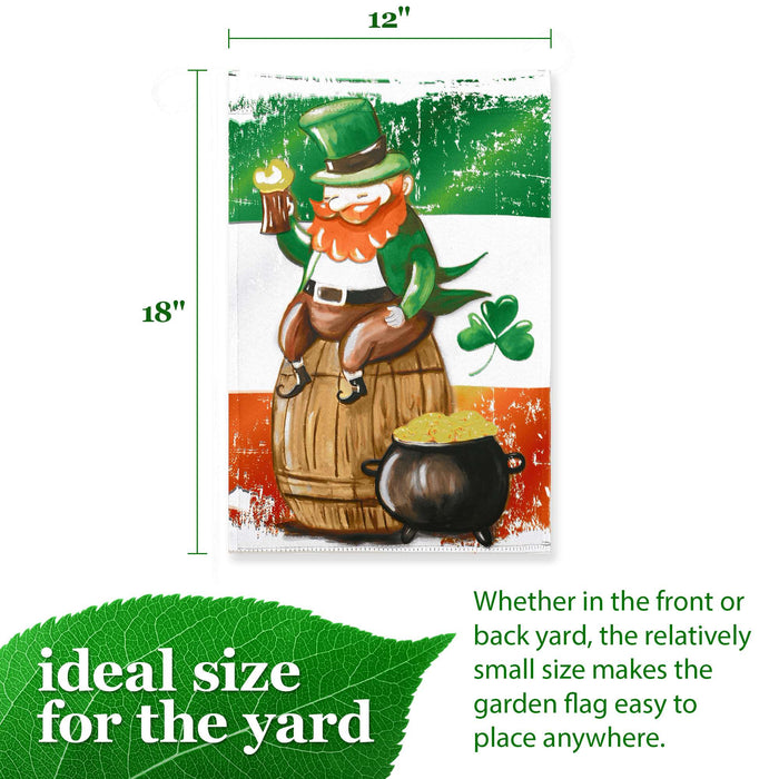 G128 Happy St. Patrick's Day Leprechaun Barrel Gold Garden Flag 12x18 In Double Sided St. Patrick's Day Yard Garden Lawn Decoration