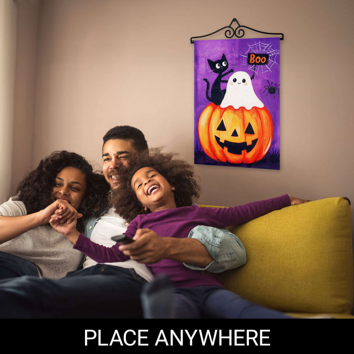G128 12x18IN Halloween Ghost Cat Pumpkin Garden Flag with 14IN Hanger