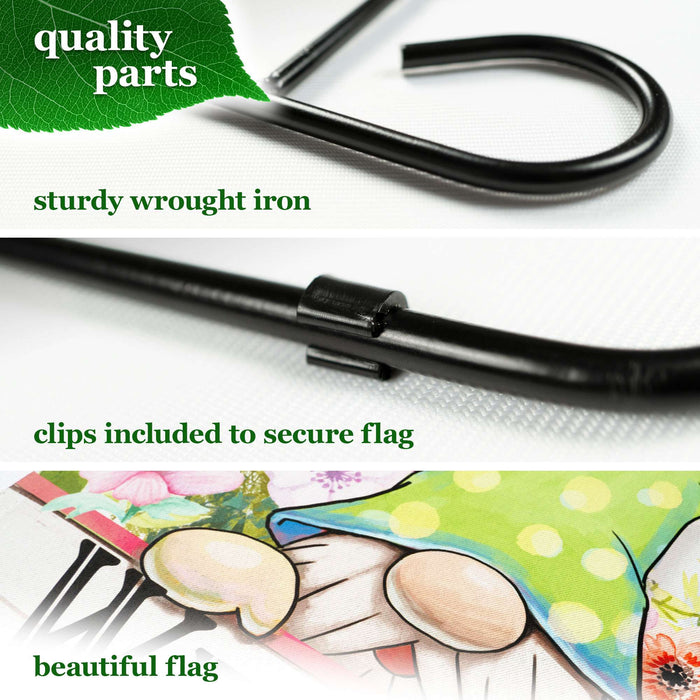 G128 Combo Pack: Garden Flag Stand 36x16IN & Garden Flag Welcome Spring Gnome Flowers Printed 12x18IN Double Sided