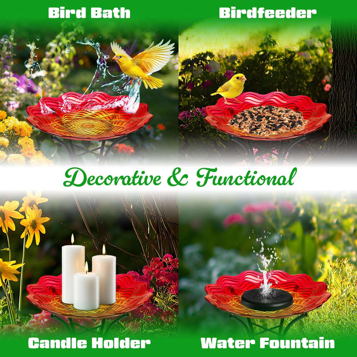 G128 19 Inch Height Glass Bird Baths with Metal Stand | Decorative Red BirdBaths Bowl Outdoor Garden Bird Feeder