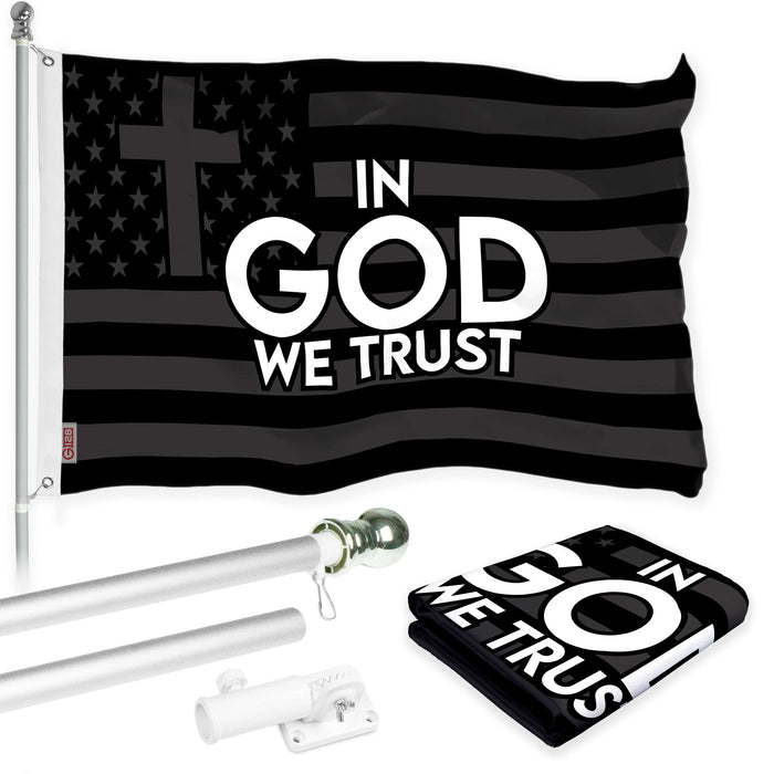 G128 Combo Pack: 6 Ft Tangle Free Aluminum Spinning Flagpole (Silver) & In God We Trust Patriotic Flag 3x5 Ft, LiteWeave Pro Series Printed 300D Polyester | Pole with Flag Included
