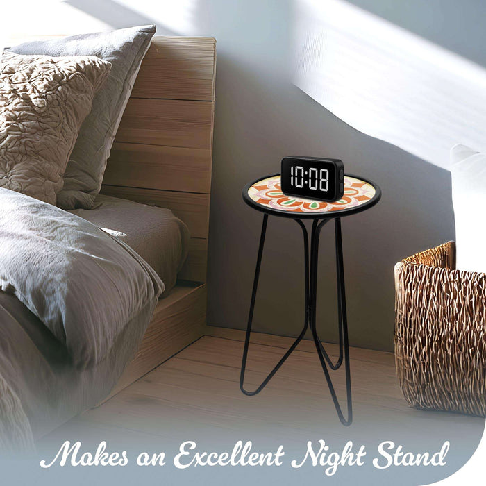 G128 12 in Round Glass Outdoor Side Table Purple Mandala Pattern | Decorative Plant Stand, Small End Table for Garden Patio Porch Living Room