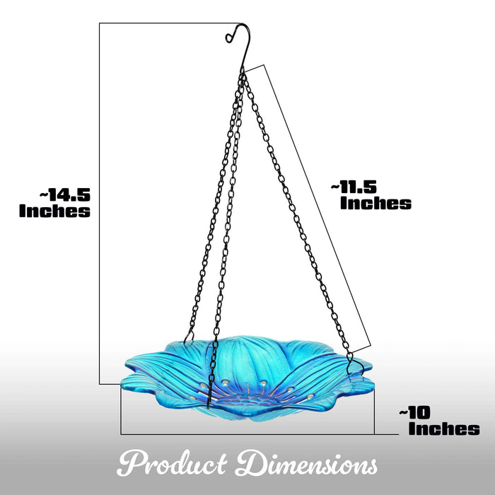 G128 Hanging Glass Bird Bath Outdoor Bird Feeder 10-inch for Garden Decoration Blue Flower Design