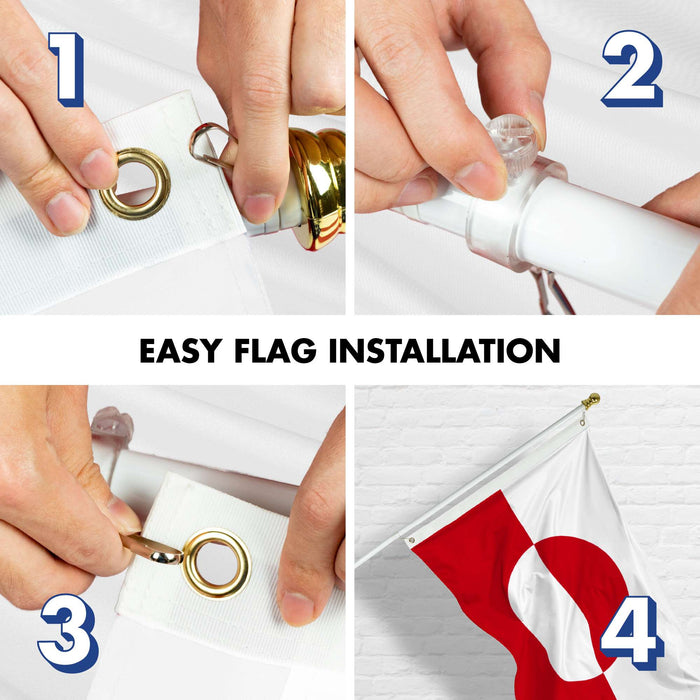 G128 Combo Pack: 6 Ft Twist Free Aluminum Spinning Flagpole (White) & Greenland Flag | 3x5 Ft | LiteWeave Pro Series Printed 150D Polyester | Pole with Flag Included