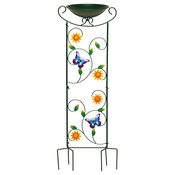 G128 35 Inch Antique Garden Iron Bird Bath with Trellis, Decorative Butterfly, Detachable Bowl, Metal Potted Plant Support, Elegant Outdoor Garden Bird Feeder