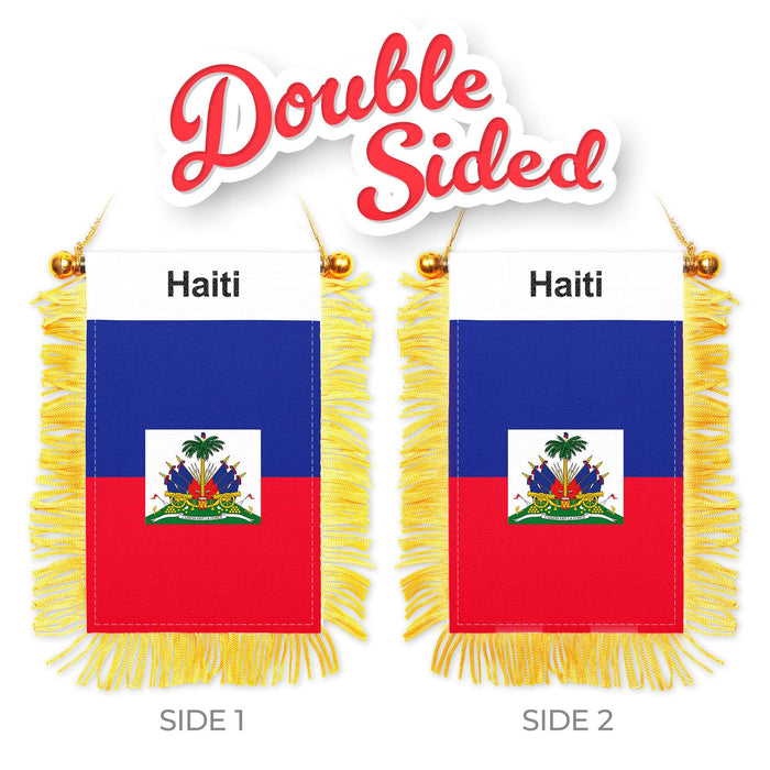 G128 Haiti Haitian Fringy Flag | Fringy Hanging Double Sided Flag with Suction Cup, Window and Car Rearview Mirror Decor