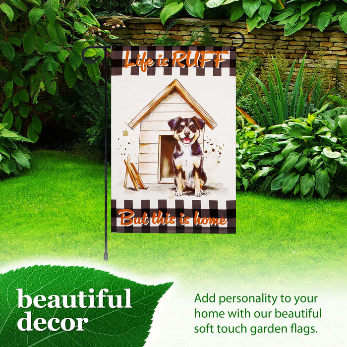 G128 Combo Pack: Garden Flag Stand Black 36x16IN & Garden Flag Life is Ruff Dog House Printed 12x18IN Double Sided Yard Lawn Decoration