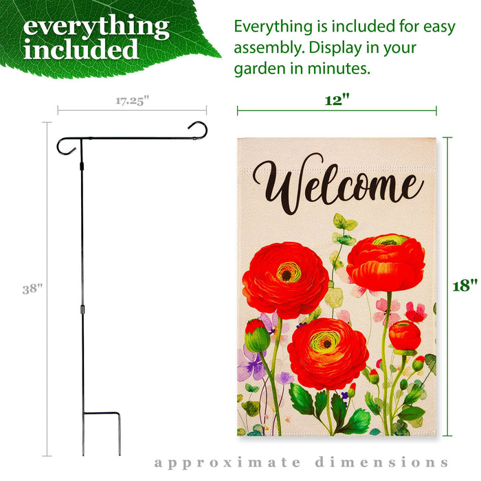 G128 Combo Pack Garden Flag Stand Black 36x16IN & Garden Flag Spring Welcome Red Orange Flowers Printed 12x18IN Double Sided Yard Garden Lawn Decoration