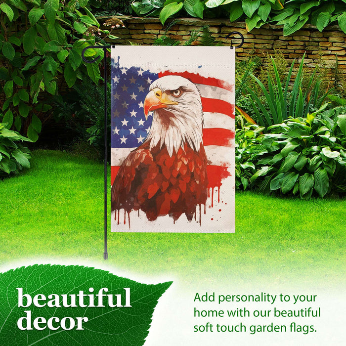 G128 Combo Pack Garden Flag Stand Black 36x16IN & Garden Flag Patriotic Bald Eagle Printed 12x18IN Double Sided Yard Garden Lawn Decoration