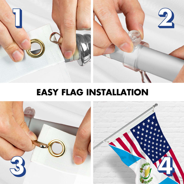 G128 Combo Pack: 6 Ft Tangle Free Aluminum Spinning Flagpole (Silver) & Guatemala USA Friendship Flag | 3x5 Ft |LiteWeave Pro Series Printed 150D Polyester | Pole with Flag Included