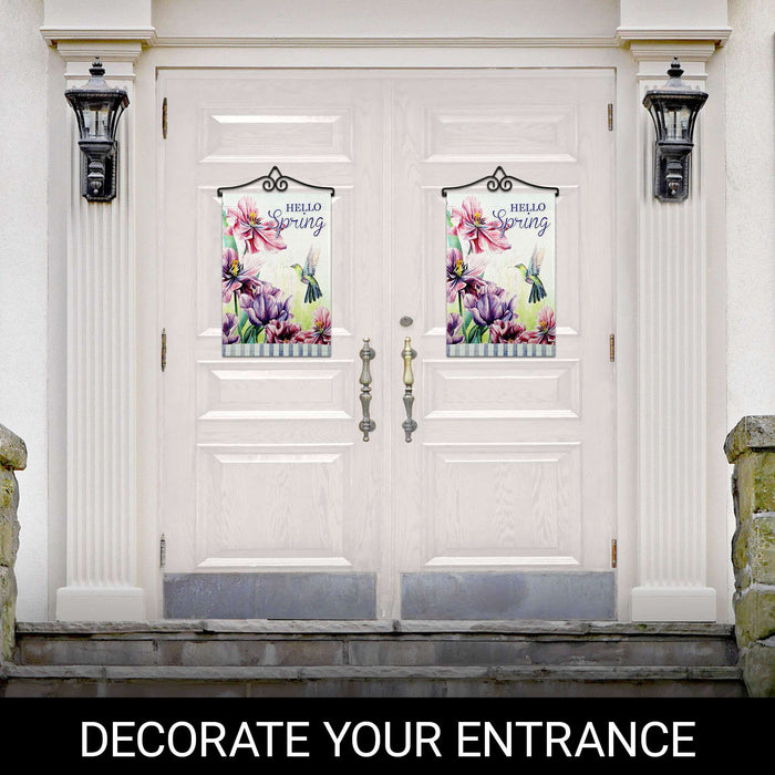 G128 Combo Pack Garden Flag Hanger 14IN & Garden Flag Hello Spring Hummingbird Flowers Printed 12x18IN Double Sided