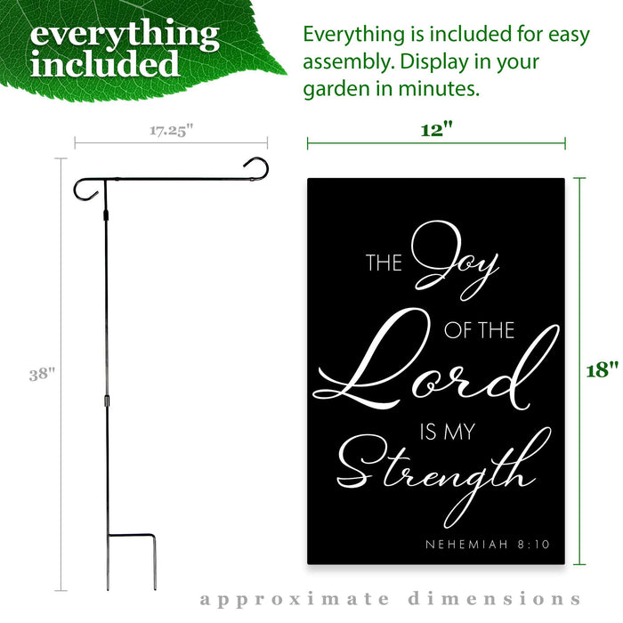 G128 Combo Pack: Garden Flag Stand Black 36x16IN & Garden Flag Joy of the Lord Scripture Printed 12x18IN Double Sided Yard Lawn Decoration