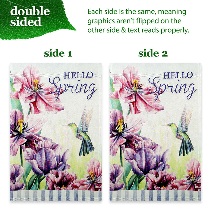 G128 Combo Pack: Garden Flag Stand 36x16IN & Garden Flag Hello Spring Hummingbird Flowers Printed 12x18IN Double Sided